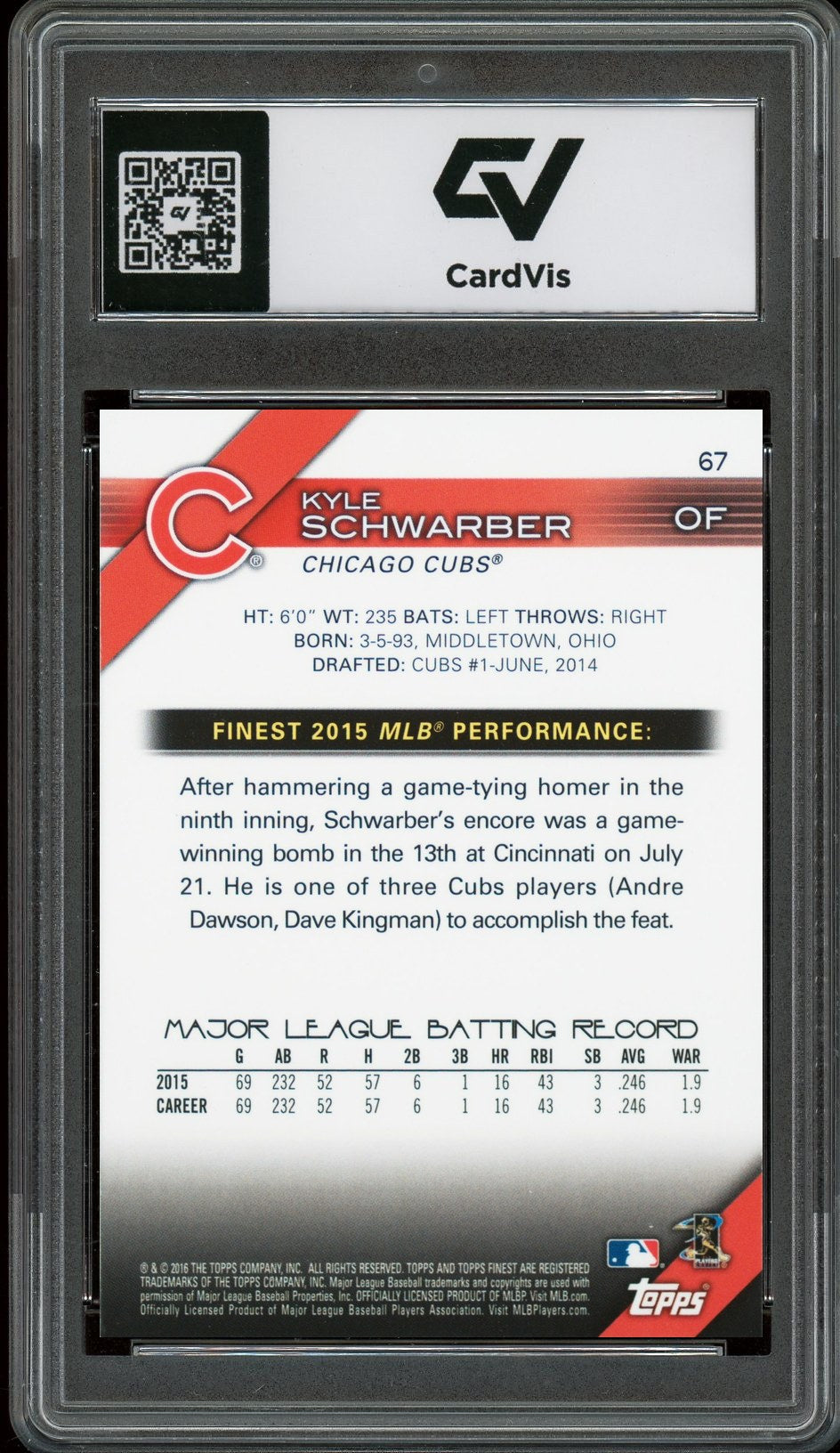 2016 Finest #67 Kyle Schwarber Rookie Card RC Graded 10 Gem Mint - Back