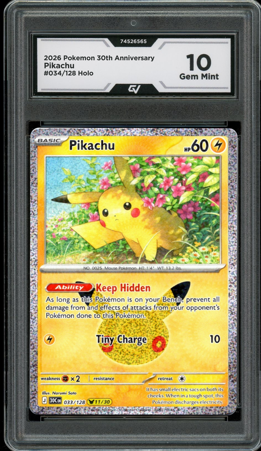 2026 Pokemon 30th Anniversary #033/128 Pikachu Holo Graded 10 Gem Mint