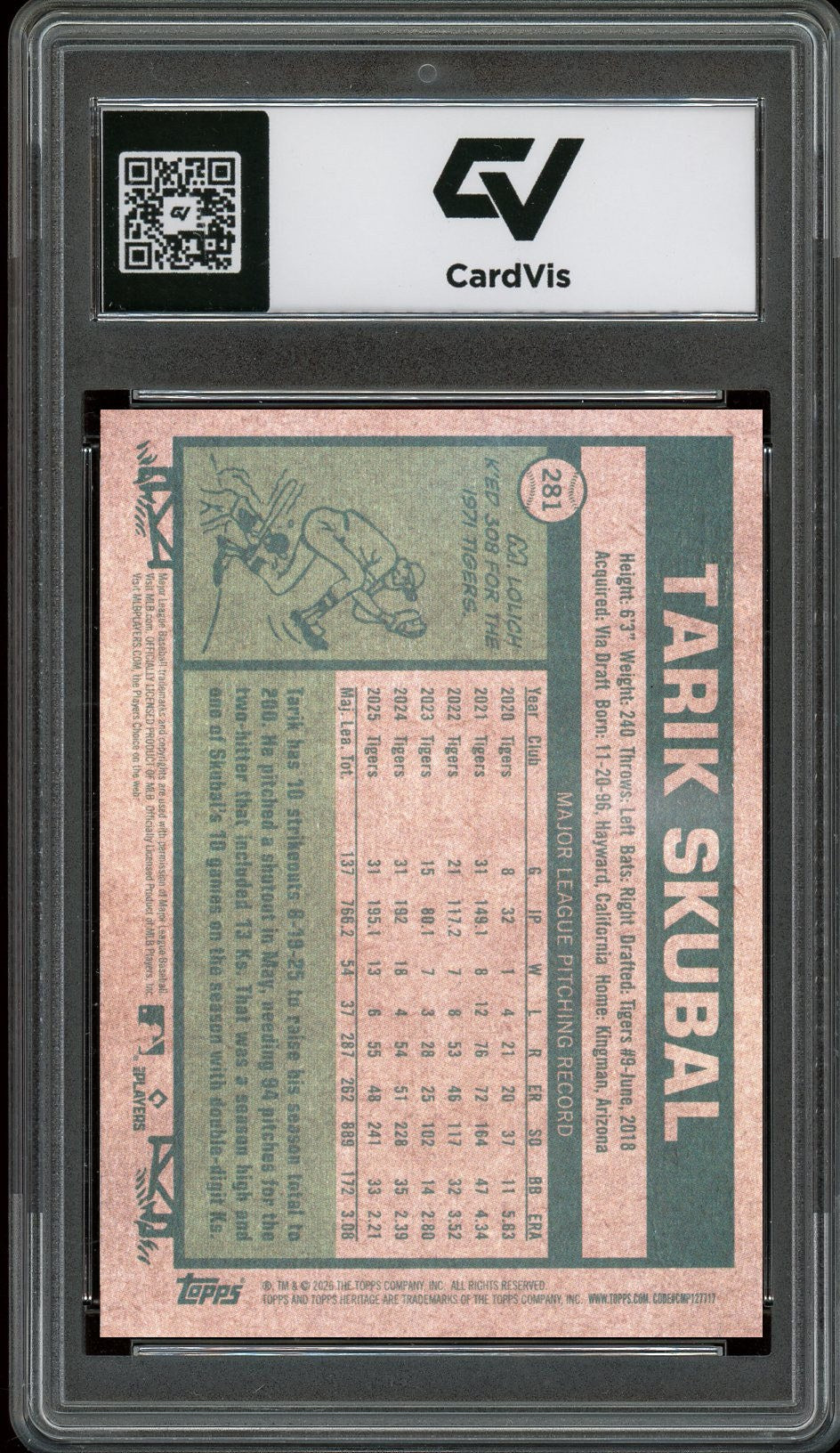 2026 Topps Heritage #281 Tarik Skubal Graded 10 Gem Mint - Back