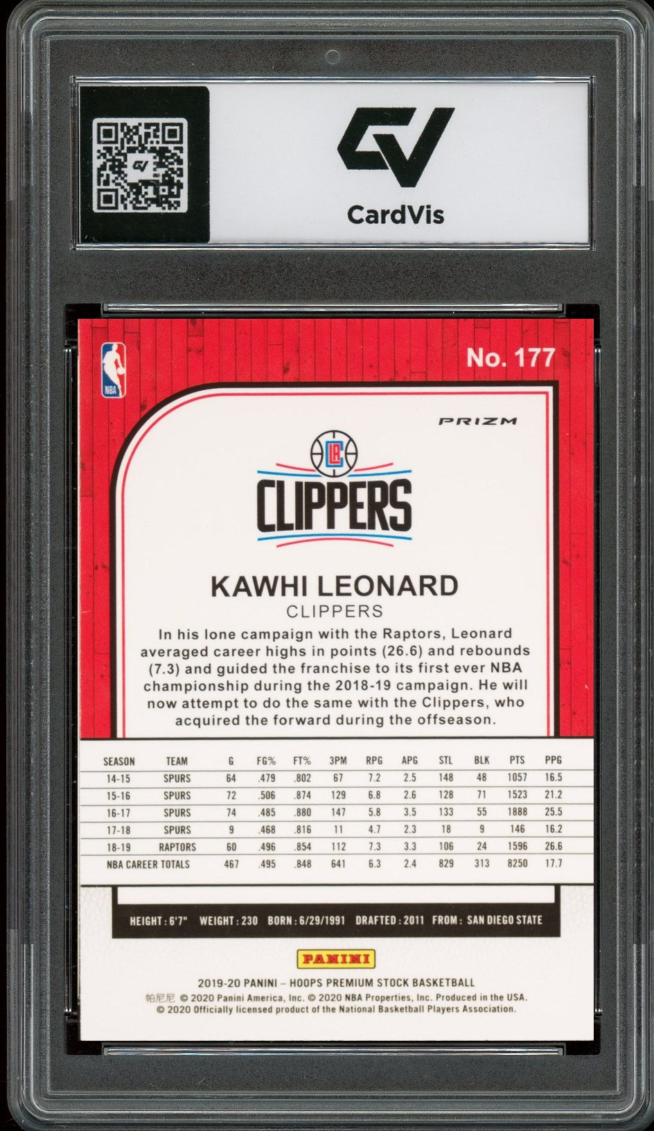 2019 Panini Hoops Premium #177 Kawhi Leonard Red Cracked Ice Graded 10 Gem Mint - Back