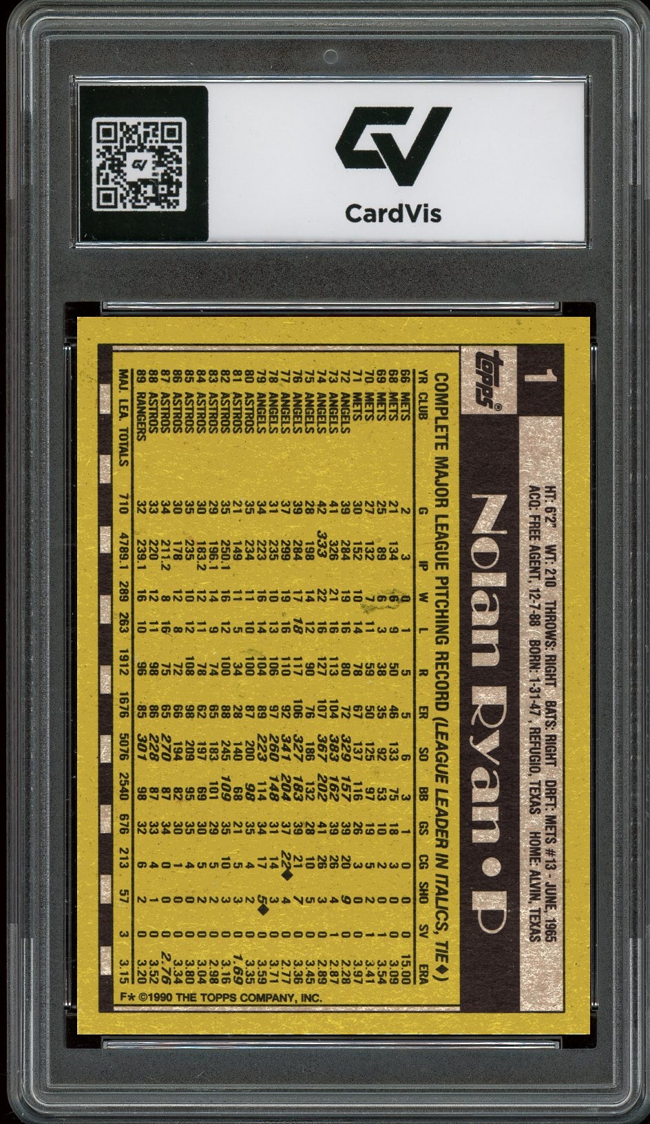 1990 Topps #1 Nolan Ryan Graded 10 Gem Mint - Back