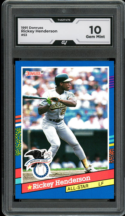 1991 Donruss #53 Rickey Henderson Graded 10 Gem Mint - Front