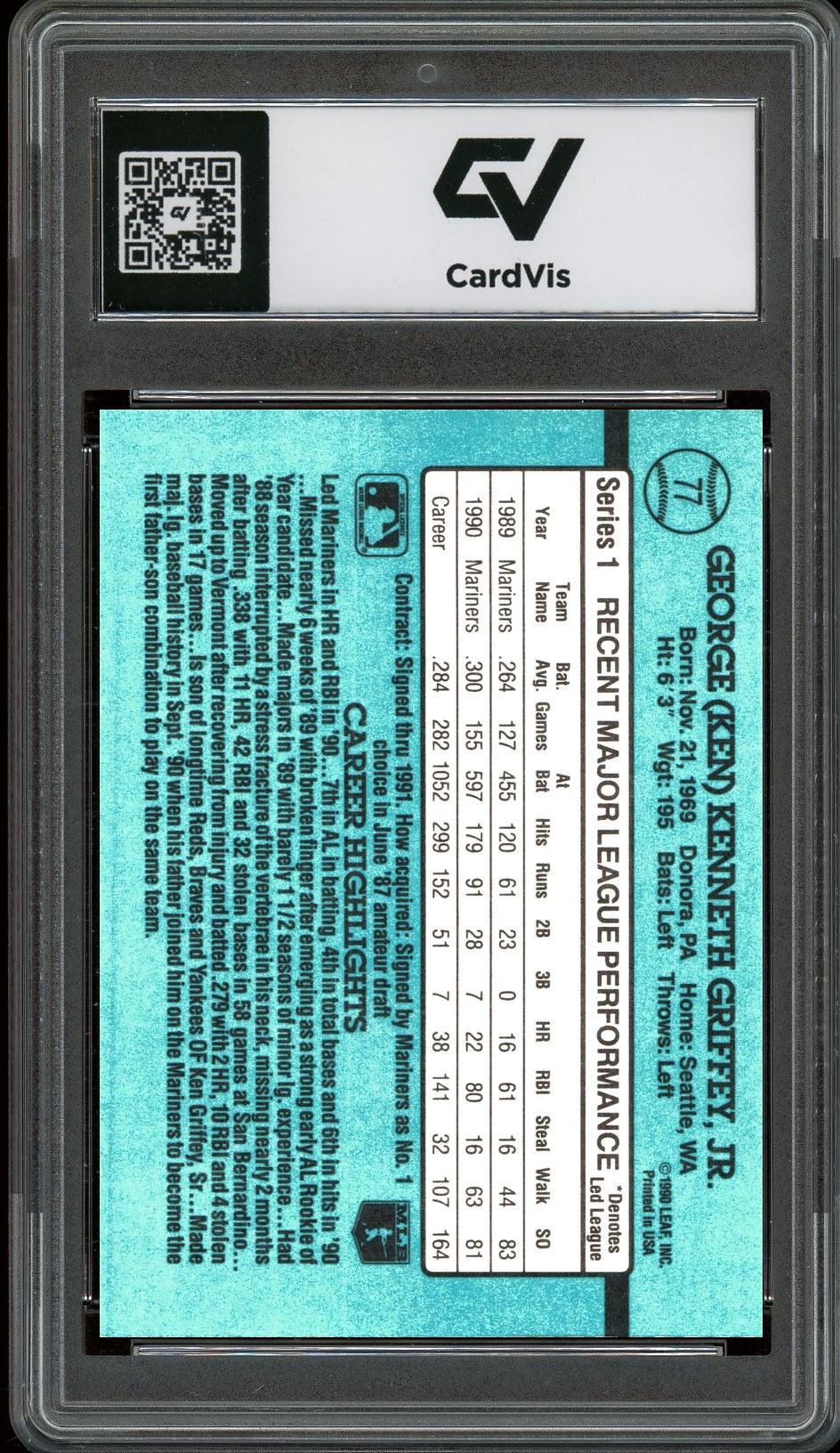 1991 Donruss #77 Ken Griffey Jr. Graded 10 Gem Mint - Back
