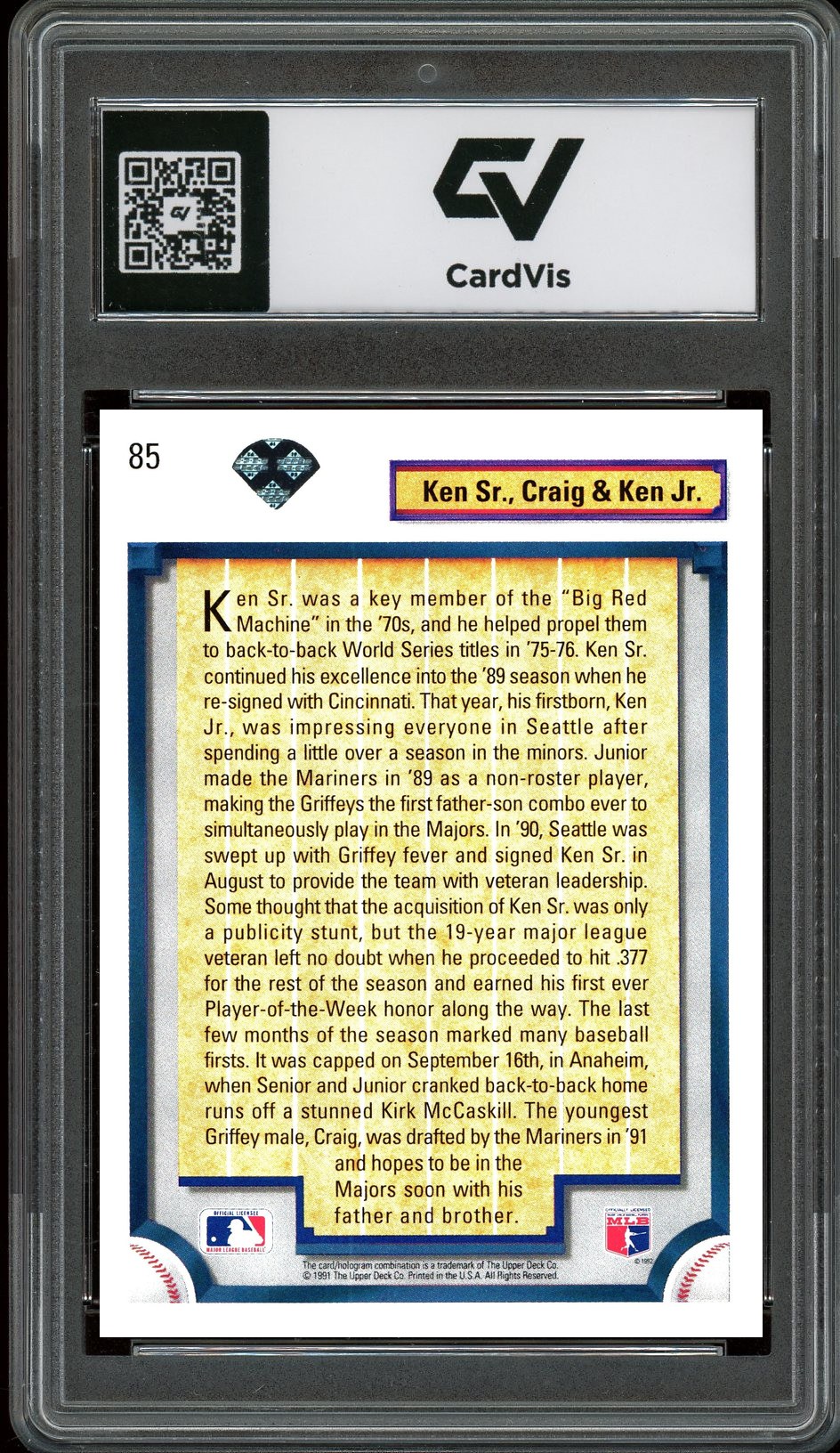 1992 Upper Deck #85 Ken Sr., Craig & Ken Jr. Bloodlines Graded 10 Gem Mint - Back