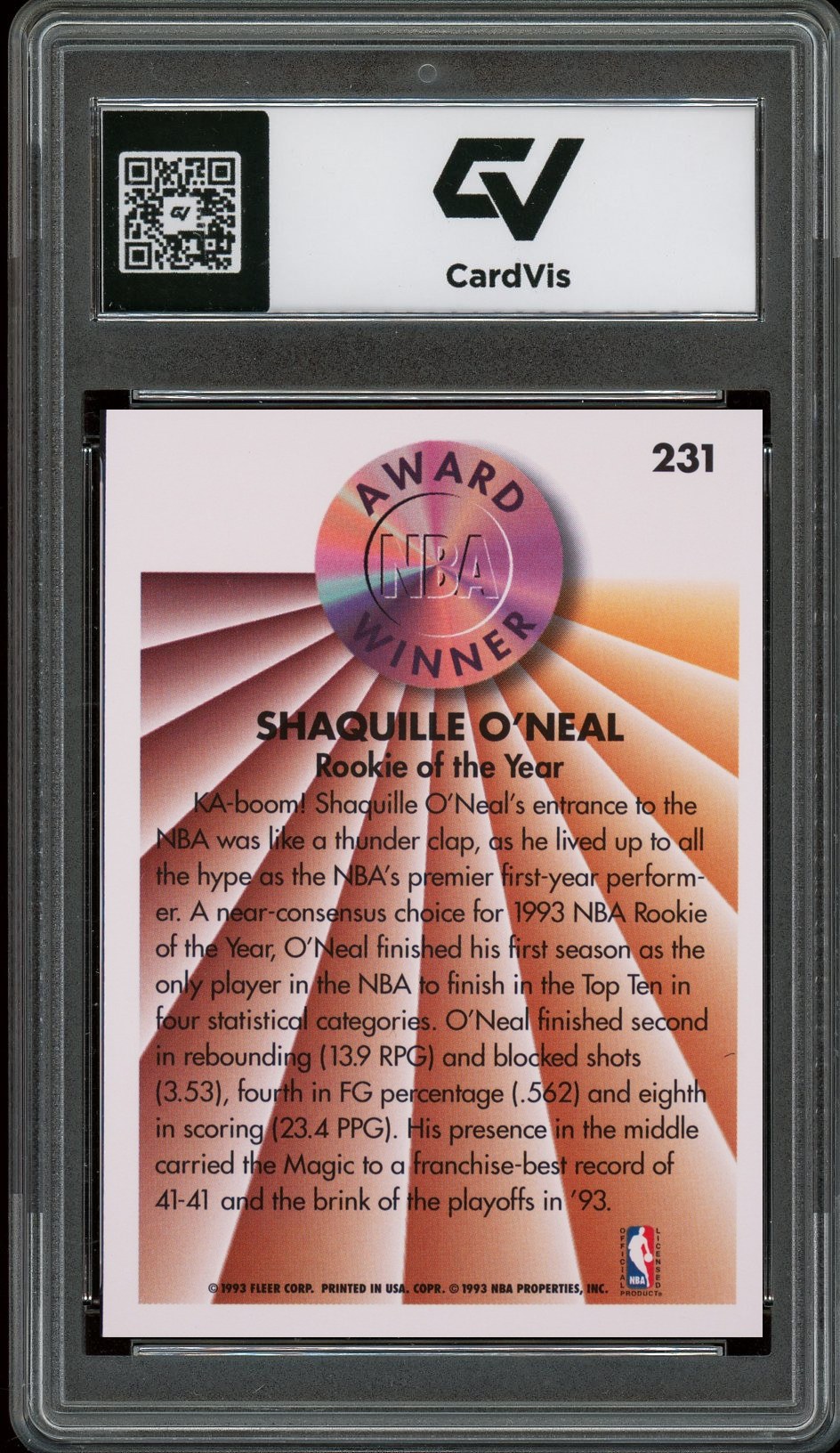 1993 Fleer #231 Shaquille O'Neal Graded 10 Gem Mint - Back