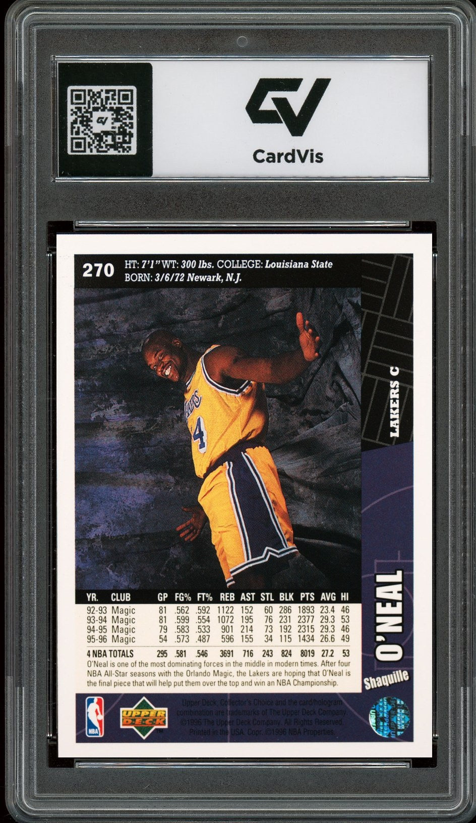 1996 Collector's Choice #270 Shaquille O'Neal Graded 10 Gem Mint - Back