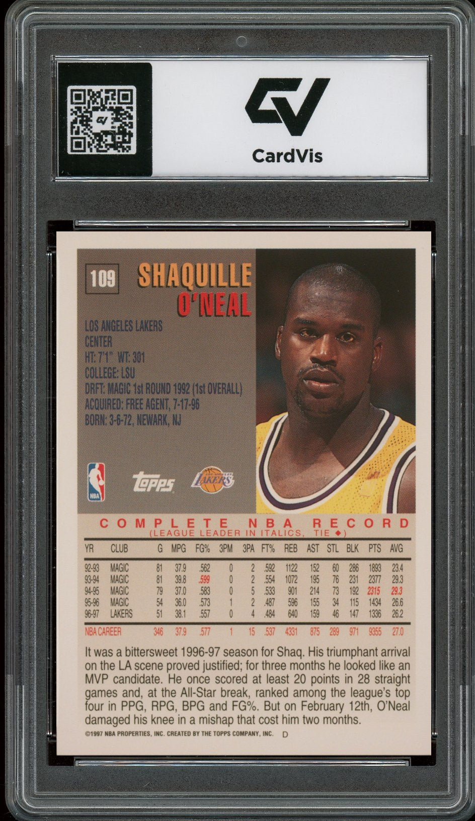 1997 Topps #109 Shaquille O'Neal Graded 10 Gem Mint - Back