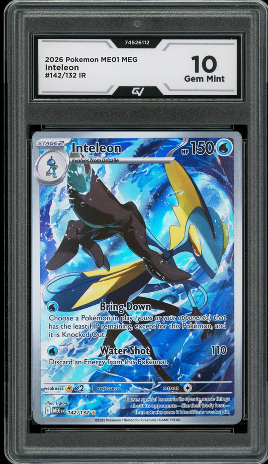 A graded Pokémon TCG card of Inteleon in a clear plastic Gem Mint holder. The card is holographic blue and yellow, and the top grading label shows a 10-grade rating.