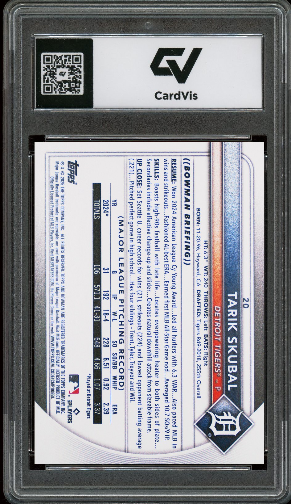 2025 Bowman #20 Tarik Skubal Graded 10 Gem Mint - Back