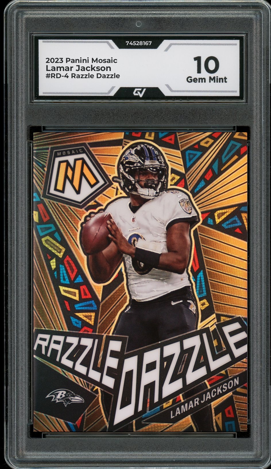 2023 Panini Mosaic #RD-4 Lamar Jackson Razzle Dazzle Graded 10 Gem Mint - Front