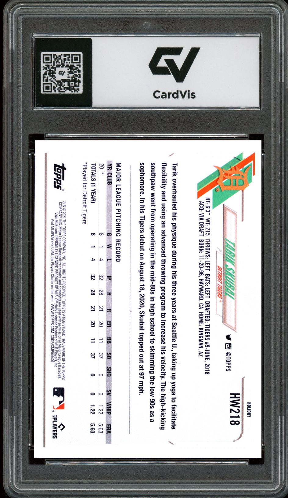 2021 Topps Holiday #HW218 Tarik Skubal Rookie Card RC Graded 10 Gem Mint - Back