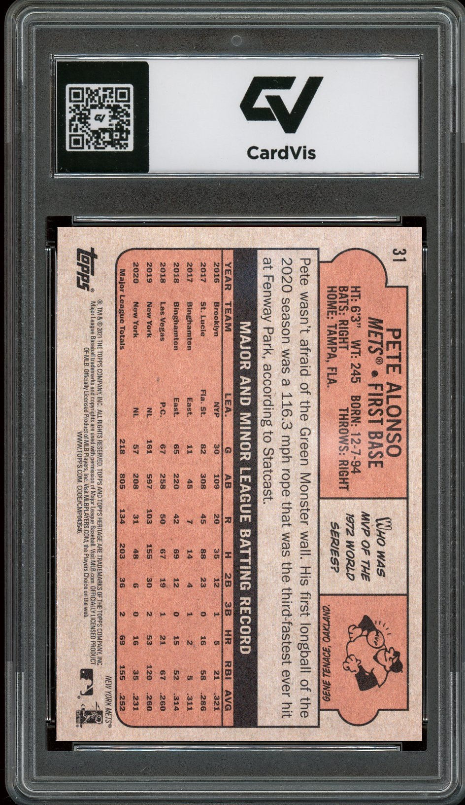 2021 Topps Heritage #31 Pete Alonso Graded 10 Gem Mint - Back