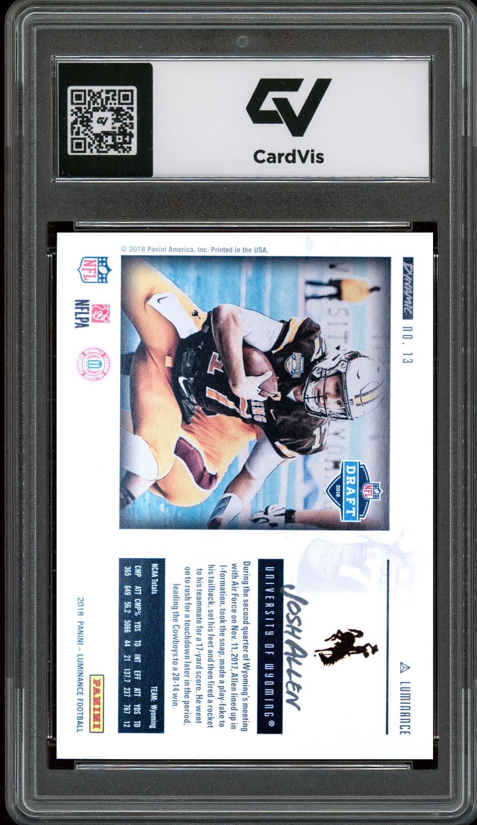 2018 Panini Luminance #13 Josh Allen Dynamic Rookie Card RC Graded 10 Gem Mint - Back