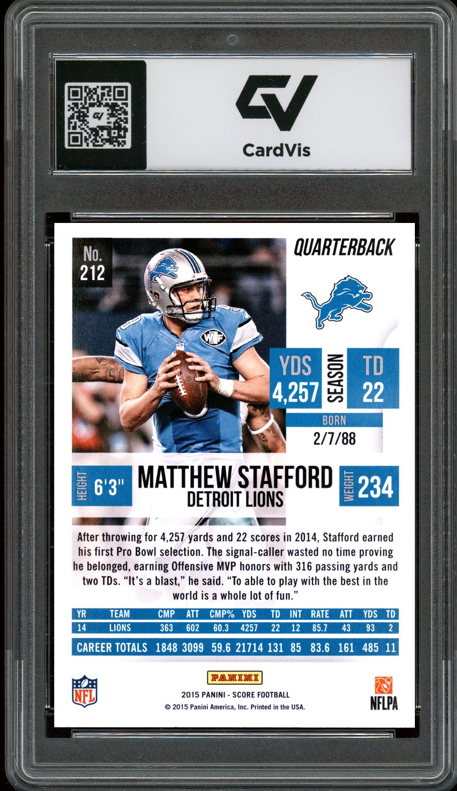 2015 Panini Score #212 Matthew Stafford Graded 10 Gem Mint - Back