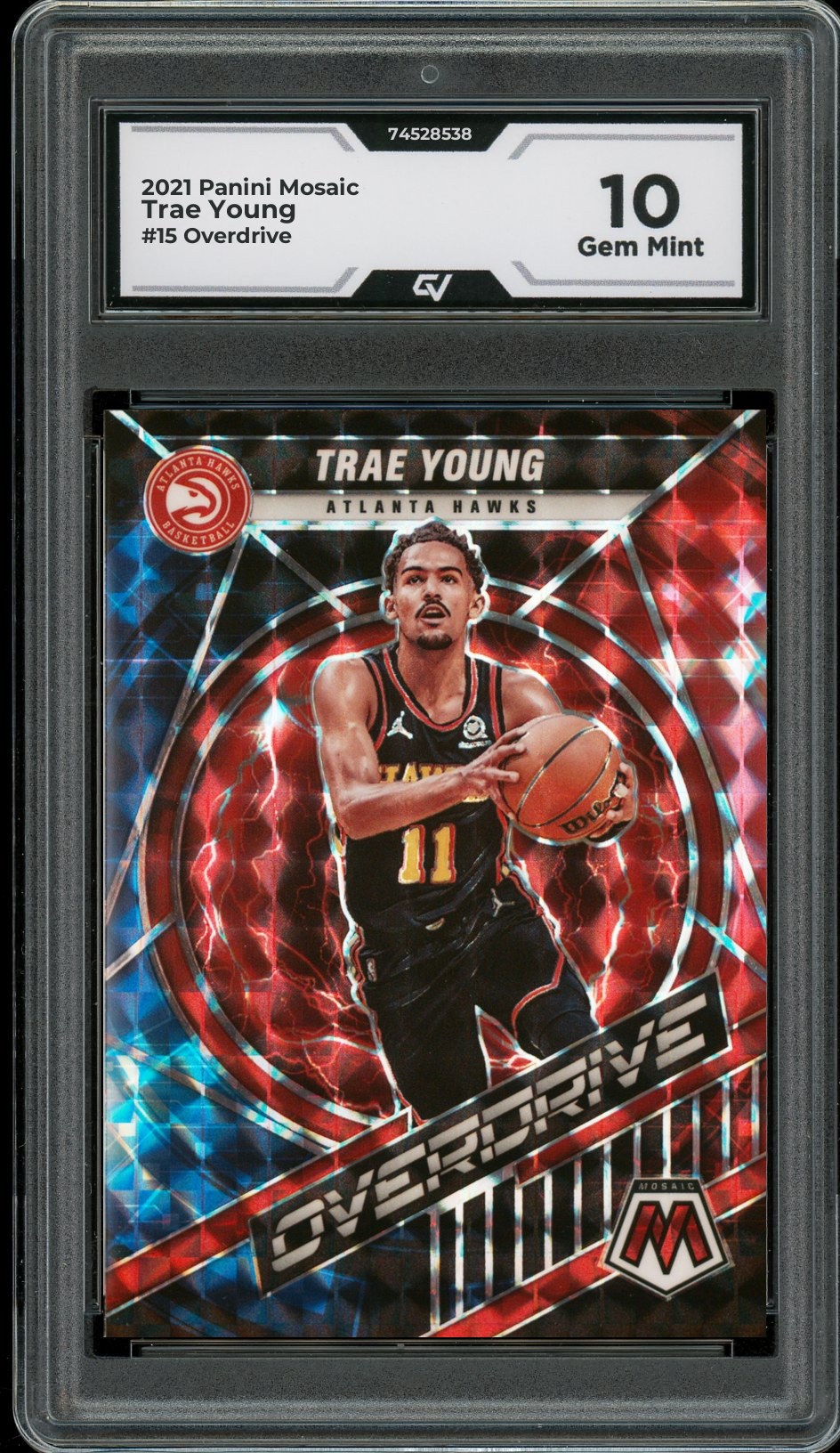 2021 Panini Mosaic #15 Trae Young Overdrive Graded 10 Gem Mint - Front