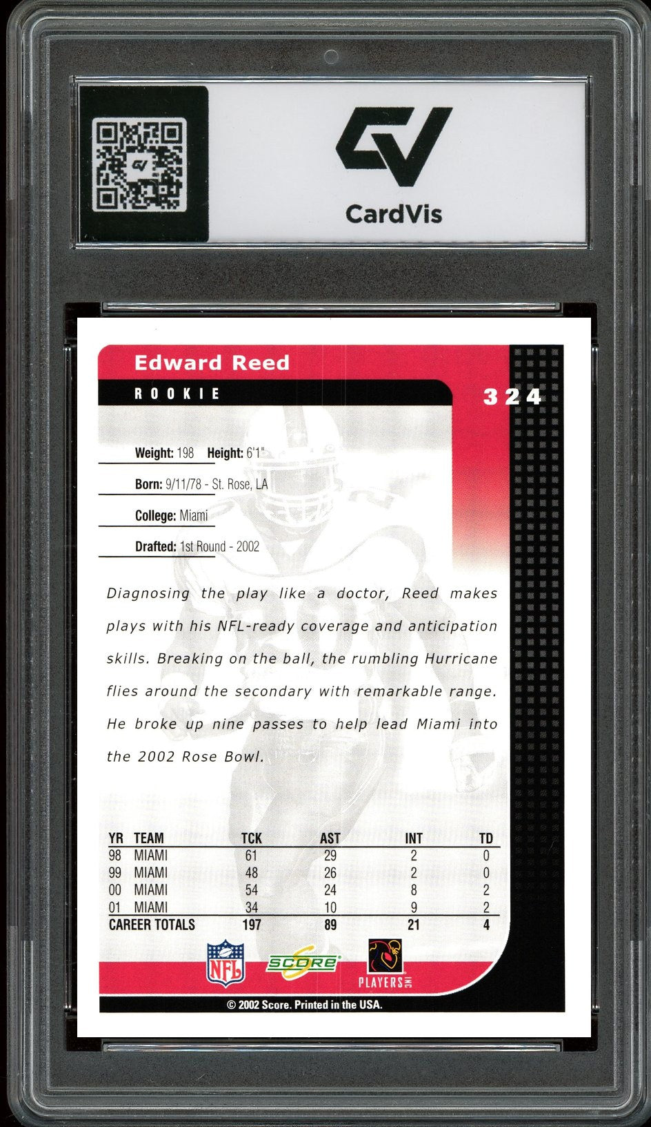 2002 Score #324 Ed Reed Graded 10 Gem Mint - Back