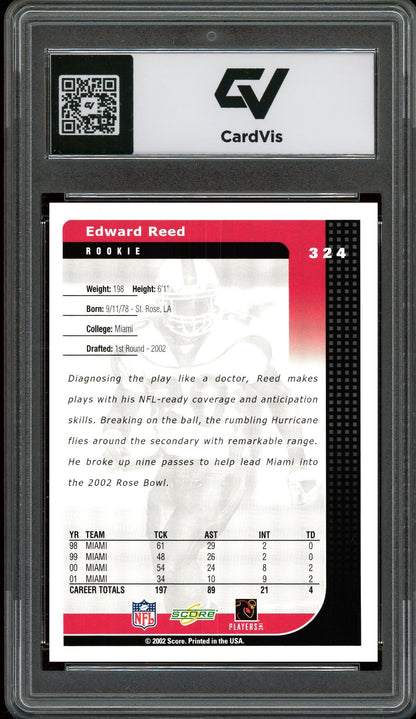 2002 Score #324 Ed Reed Graded 10 Gem Mint - Back
