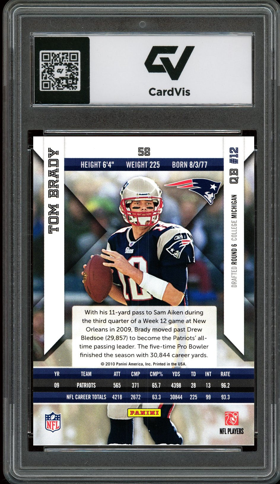 2010 Panini Epix #58 Tom Brady Graded 10 Gem Mint - Back