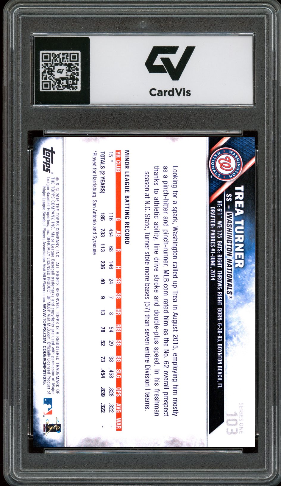 2016 Topps #103 Trea Turner Rookie Card RC Graded 10 Gem Mint - Back