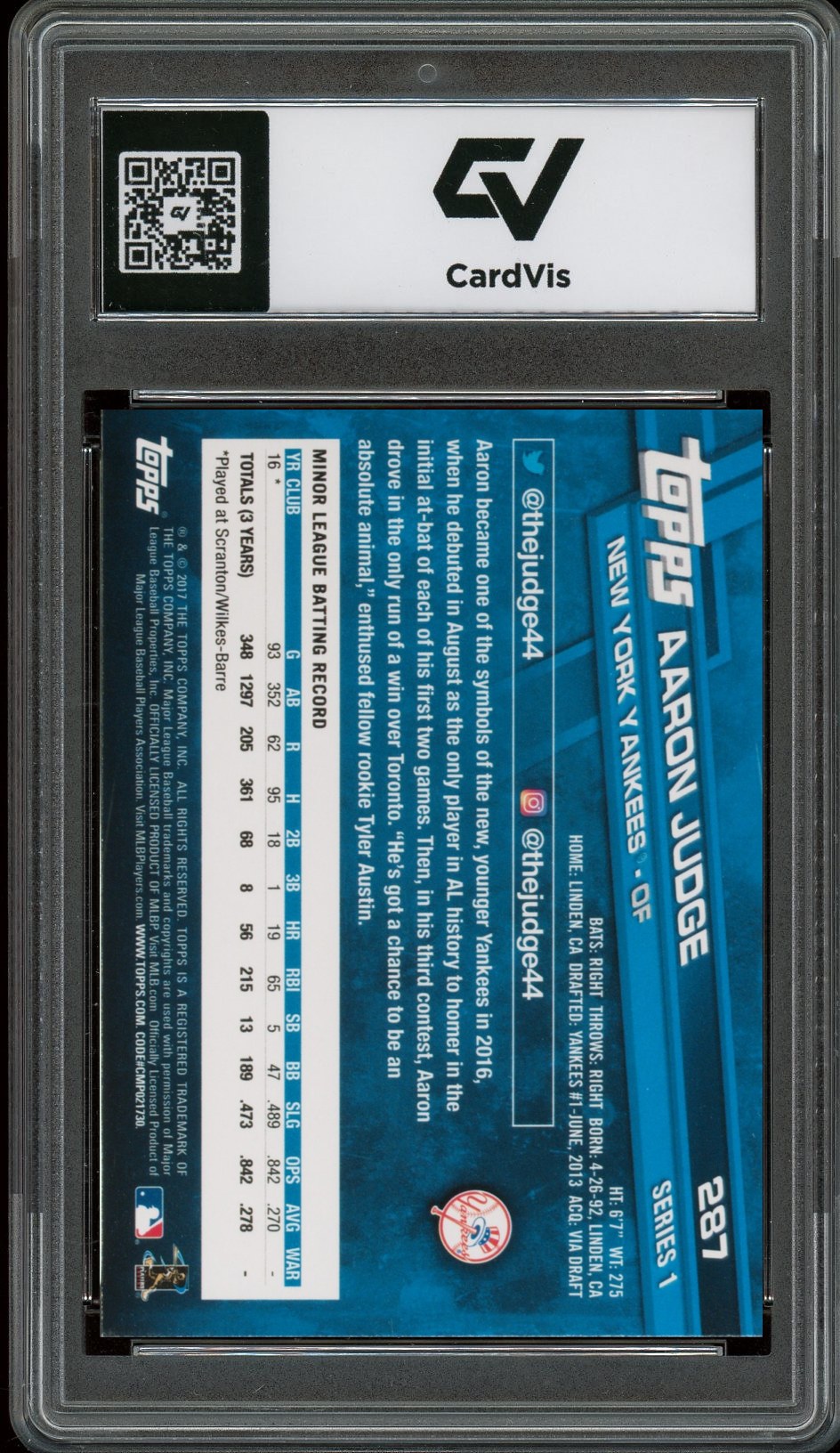 2017 Topps #287 Aaron Judge Rookie Card RC Graded 10 Gem Mint - Back