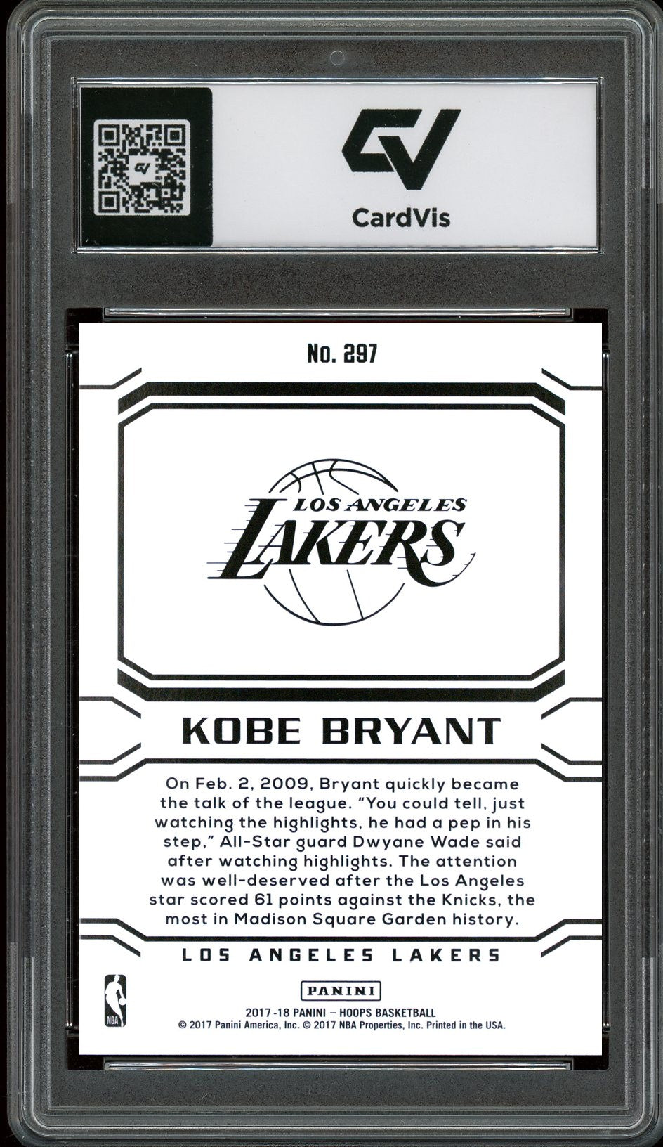 2017 Panini Hoops #297 Kobe Bryant Graded 10 Gem Mint - Back