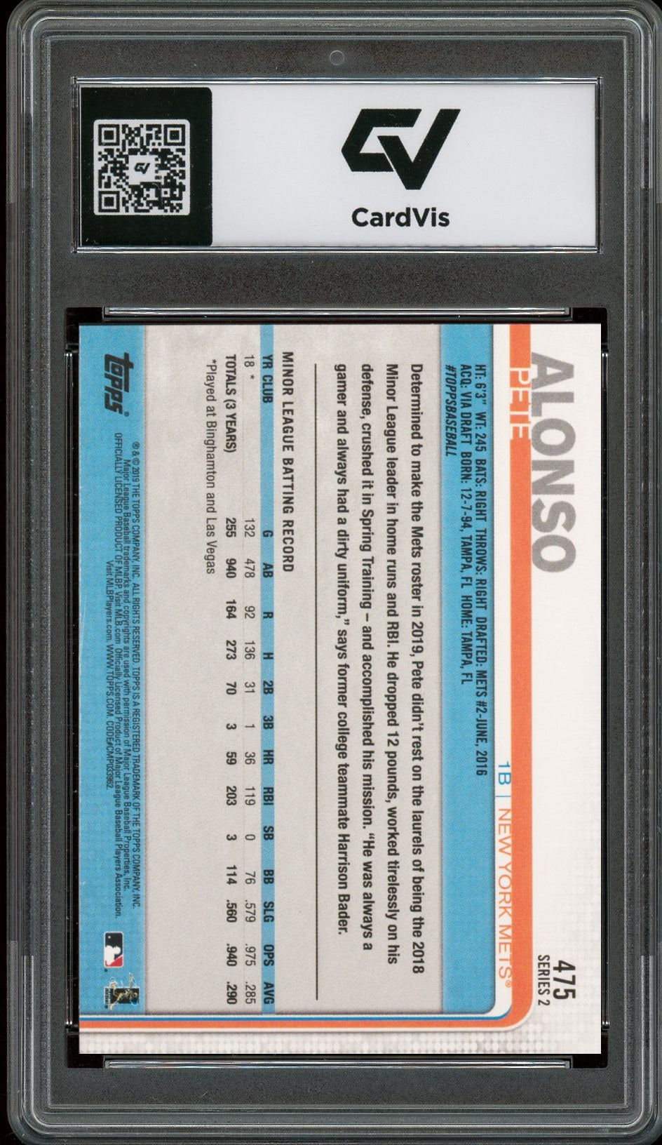 2019 Topps #475 Pete Alonso Rookie Card RC Graded 10 Gem Mint - Back