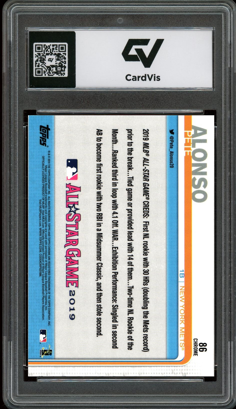 2019 Topps Chrome #86 Pete Alonso Graded 10 Gem Mint - Back