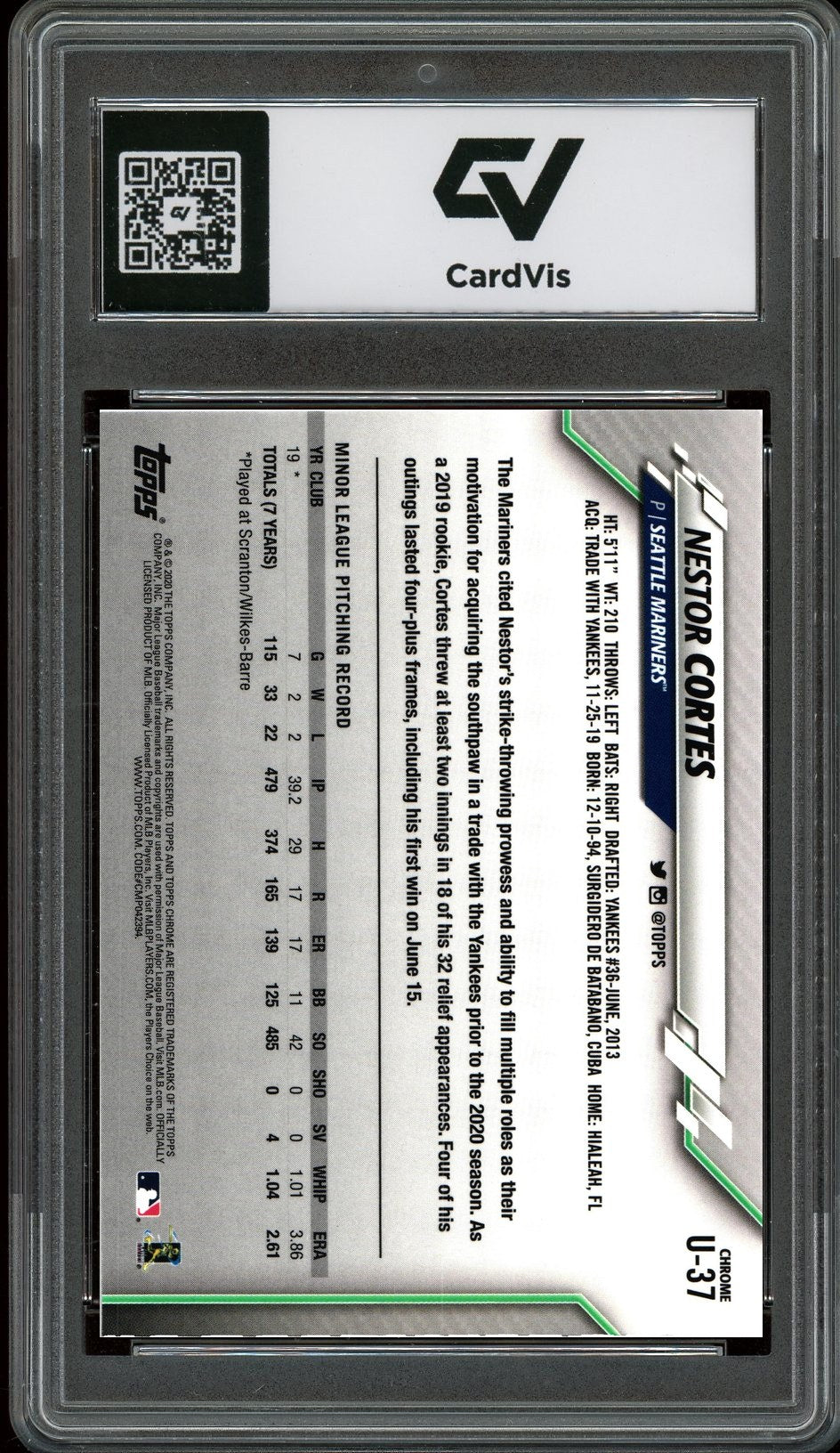 2020 Topps Chrome #U-37 Nestor Cortes Graded 10 Gem Mint - Back