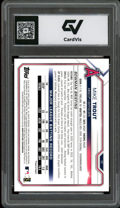 2021 Bowman #17 Mike Trout Graded 10 Gem Mint - Back