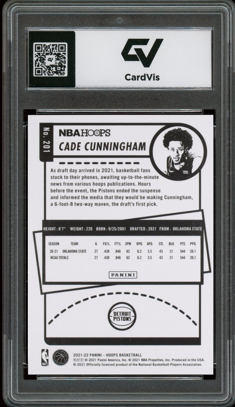 2021 Panini Hoops #201 Cade Cunningham Rookie Card RC Graded 10 Gem Mint - Back