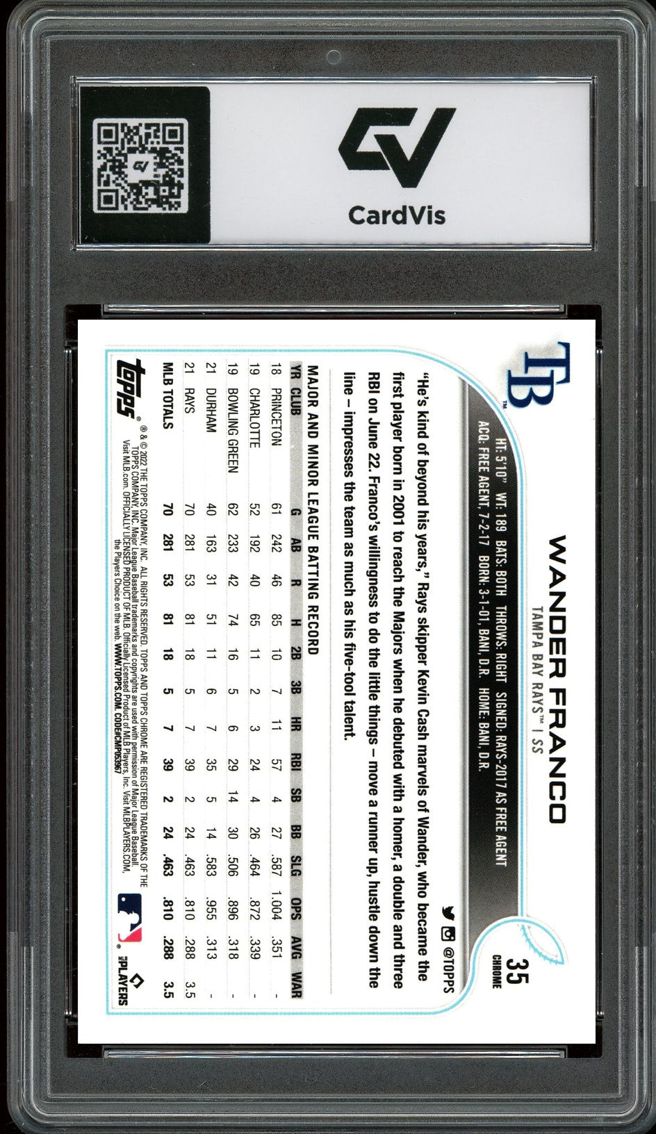 2021 Topps Chrome #35 Wander Franco Graded 10 Gem Mint - Back