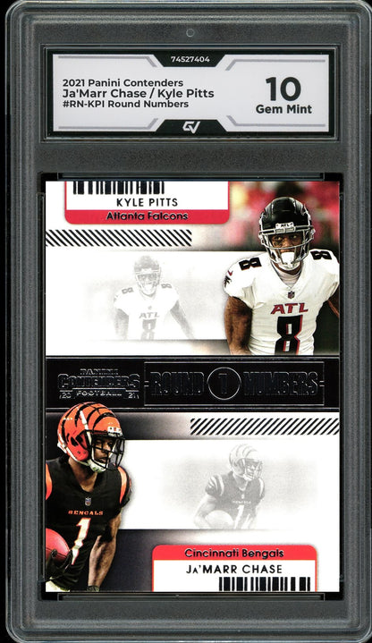 2021 Panini Contenders #RN-KPI Ja'Marr Chase / Kyle Pitts Round Numbers Graded 10 Gem Mint - Front