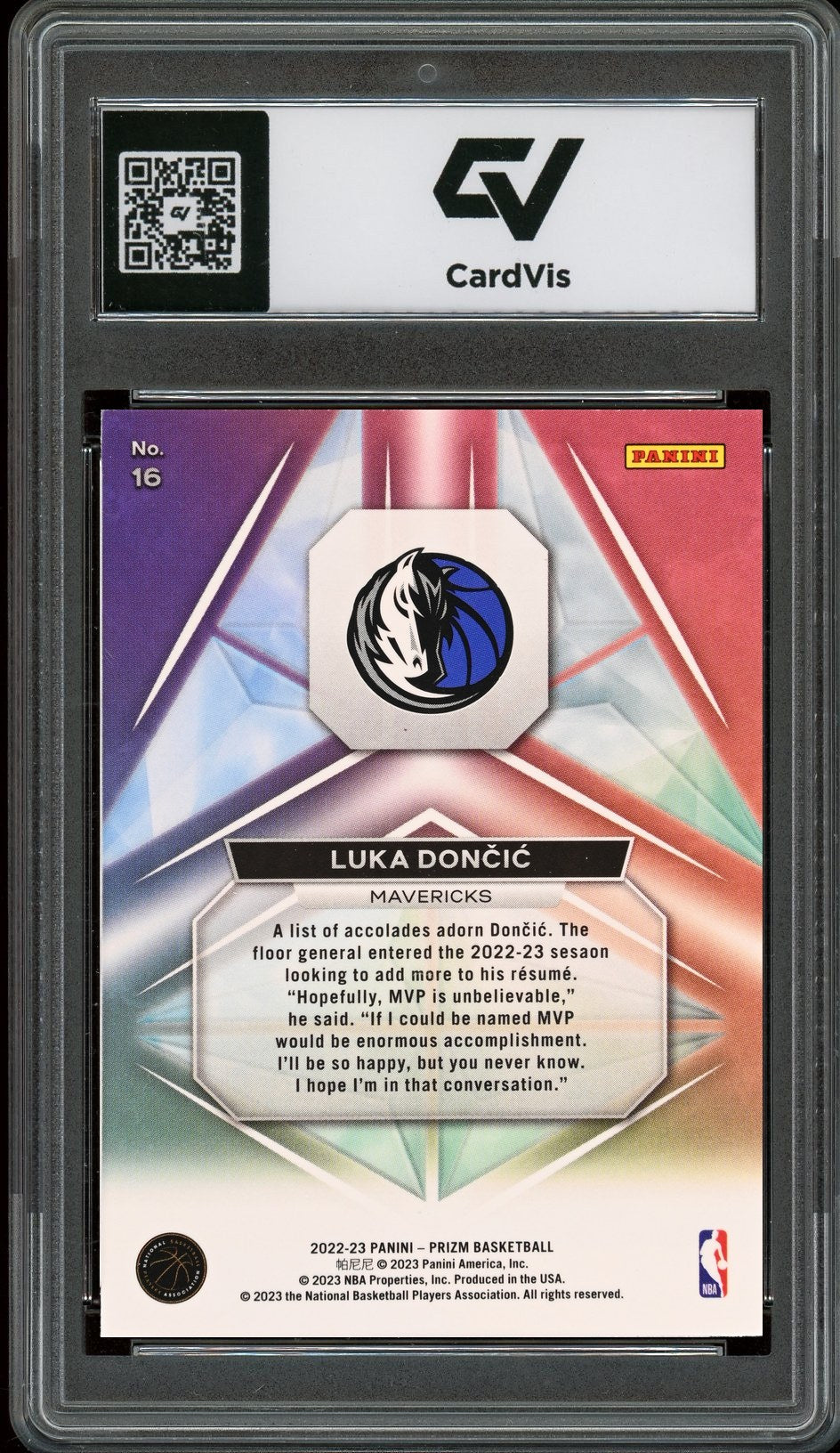 2022 Panini Prizm #16 Luka Doncic Prizmatic Graded 10 Gem Mint - Back