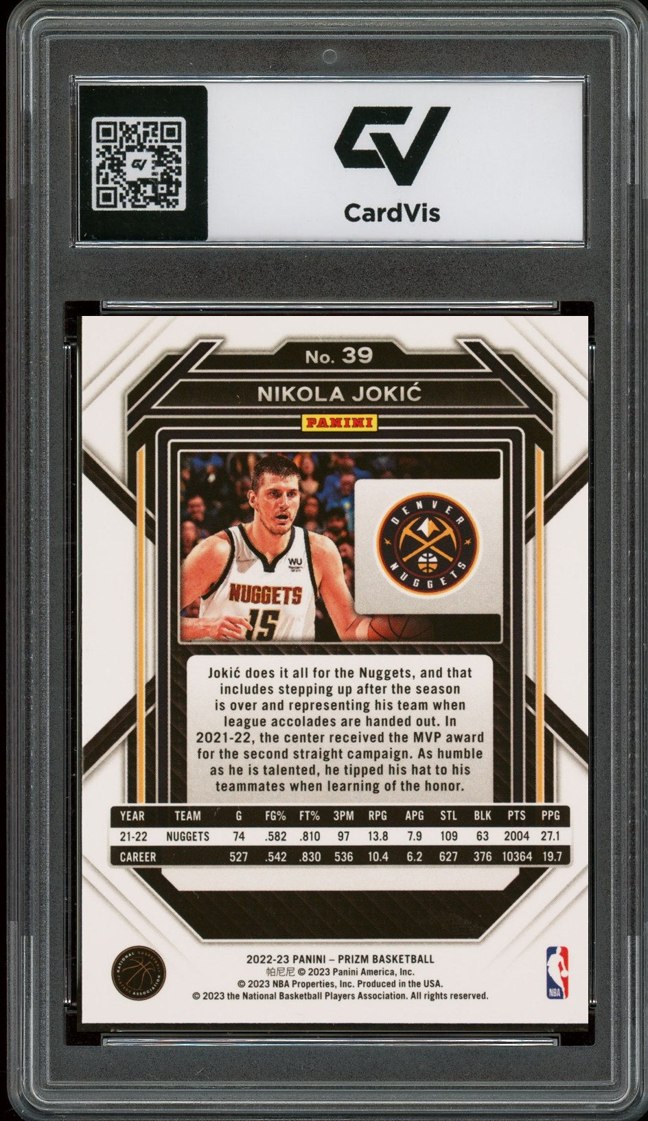 2022 Panini Prizm #39 Nikola Jokic Graded 10 Gem Mint - Back