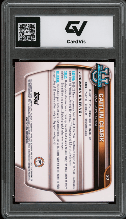2022 Bowman Chrome University #50 Caitlin Clark Graded 10 Gem Mint - Back