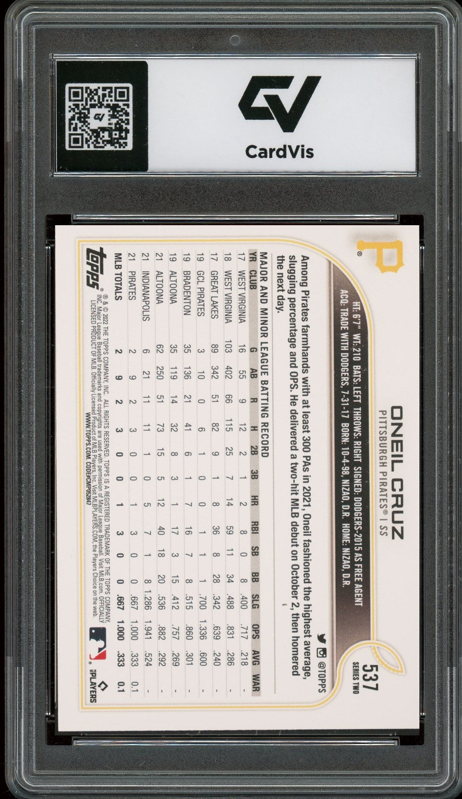 2022 Topps #537 Oneil Cruz Rookie Card RC Graded 10 Gem Mint - Back