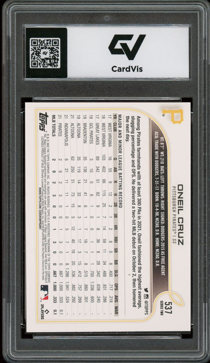 2022 Topps #537 Oneil Cruz Rookie Card RC Graded 10 Gem Mint - Back