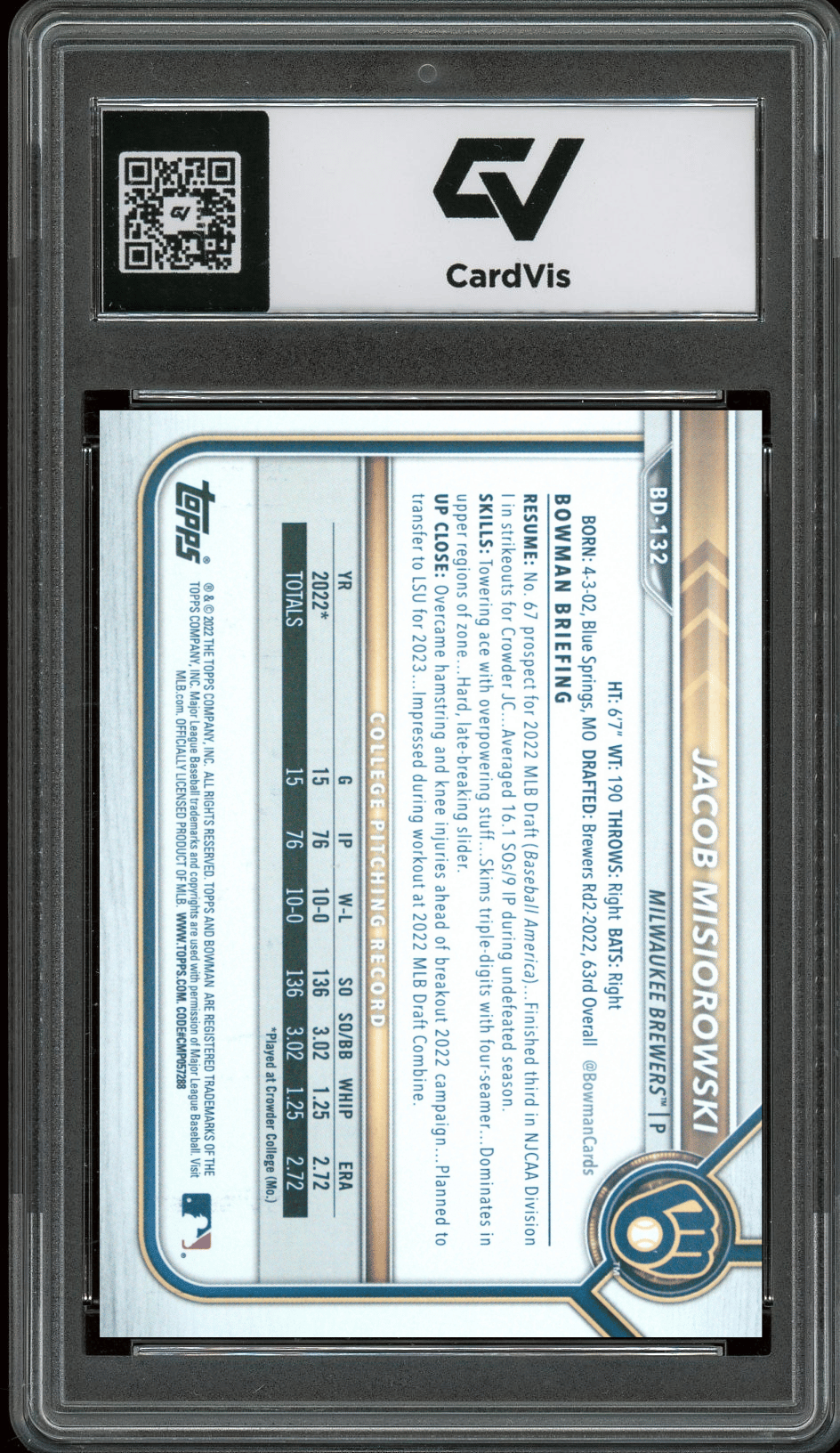 2022 Bowman Draft #BD132 Jacob Misiorowski Graded 10 Gem Mint - Back