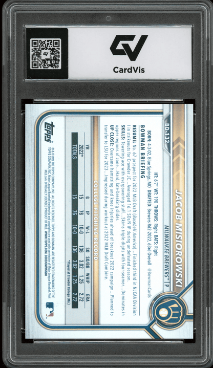 2022 Bowman Draft #BD132 Jacob Misiorowski Graded 10 Gem Mint - Back