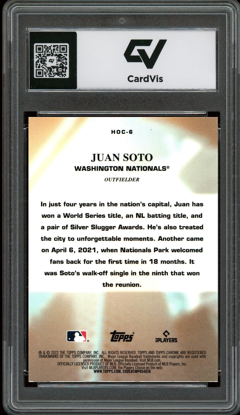 2022 Topps Chrome #HOC-6 Juan Soto Heart of the City Graded 10 Gem Mint - Back