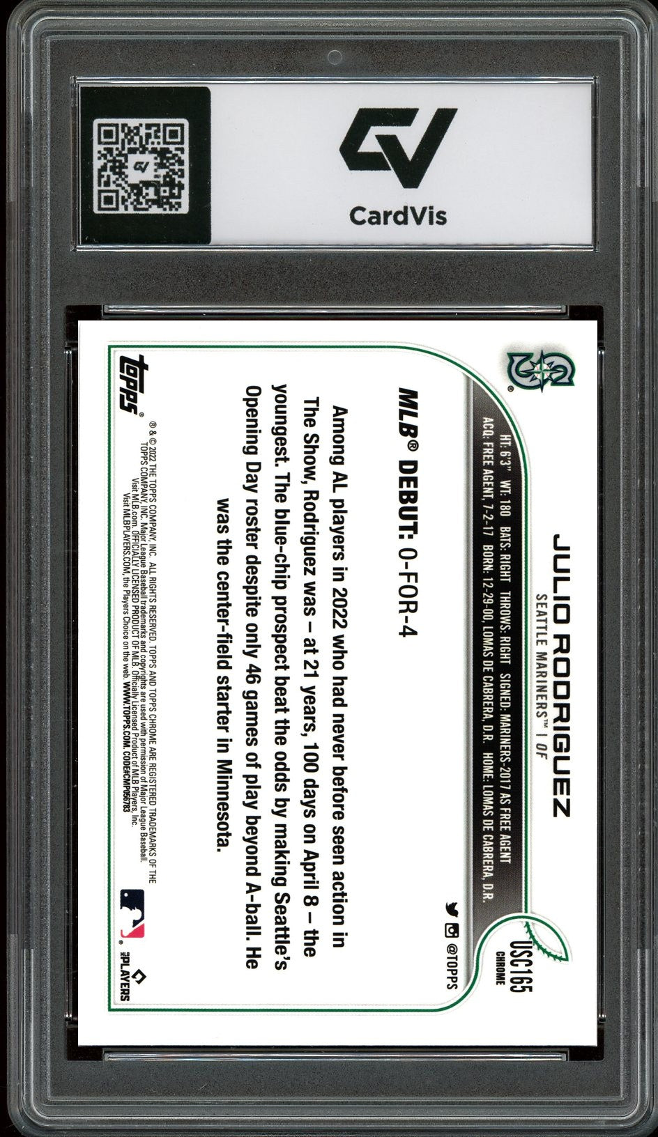 2022 Topps Chrome #USC165 Julio Rodríguez Graded 10 Gem Mint - Back