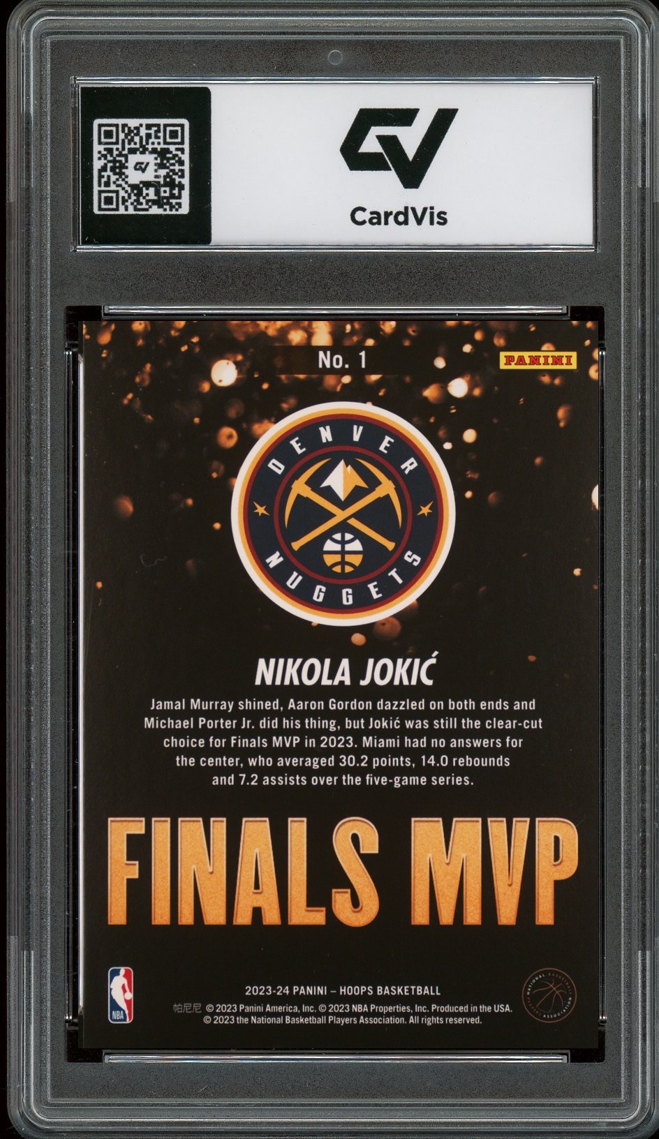 2023 Panini Hoops #1 Nikola Jokic Finals MVP Graded 10 Gem Mint - Back