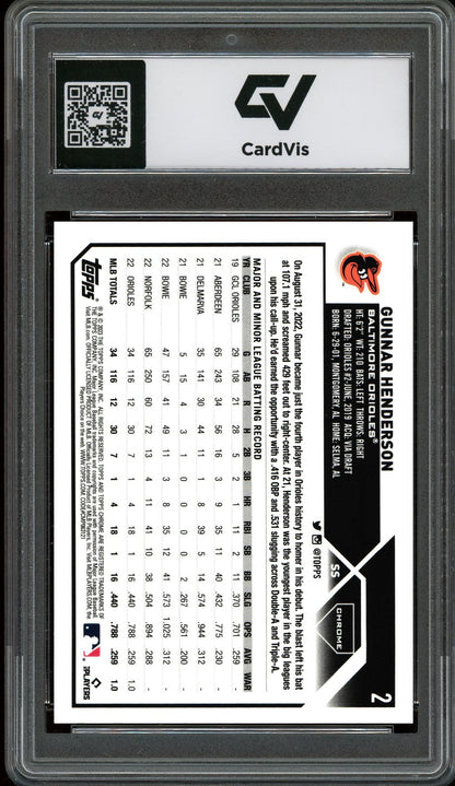 2023 Topps Chrome #2 Gunnar Henderson Graded 10 Gem Mint - Back