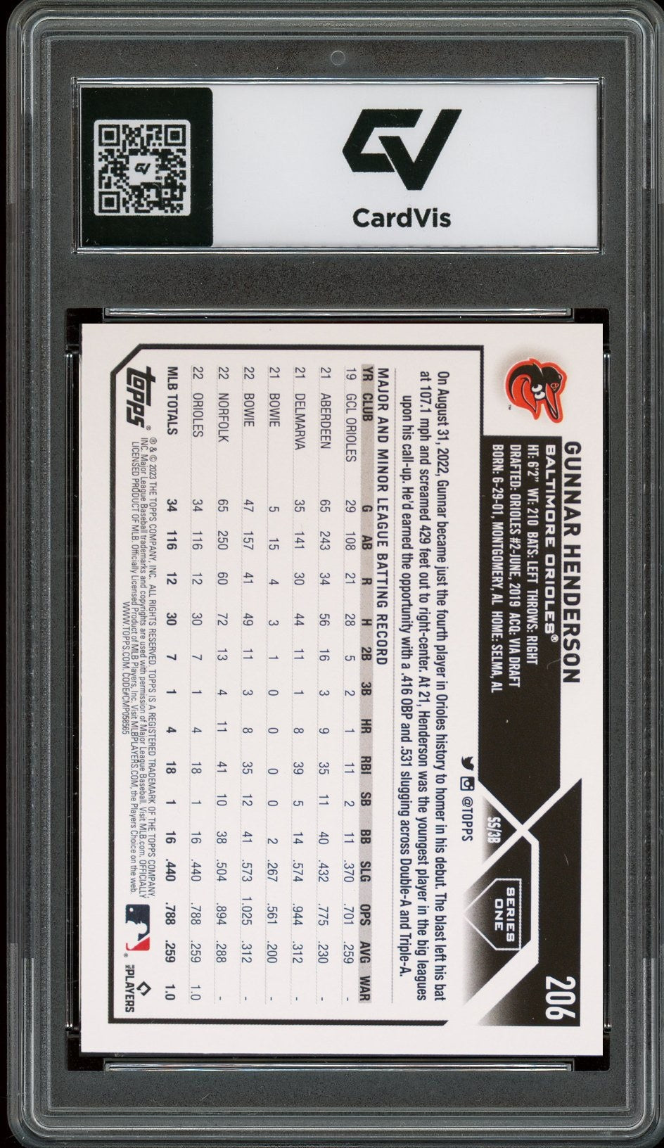 2023 Topps #206 Gunnar Henderson Rookie Card RC Graded 10 Gem Mint - Back