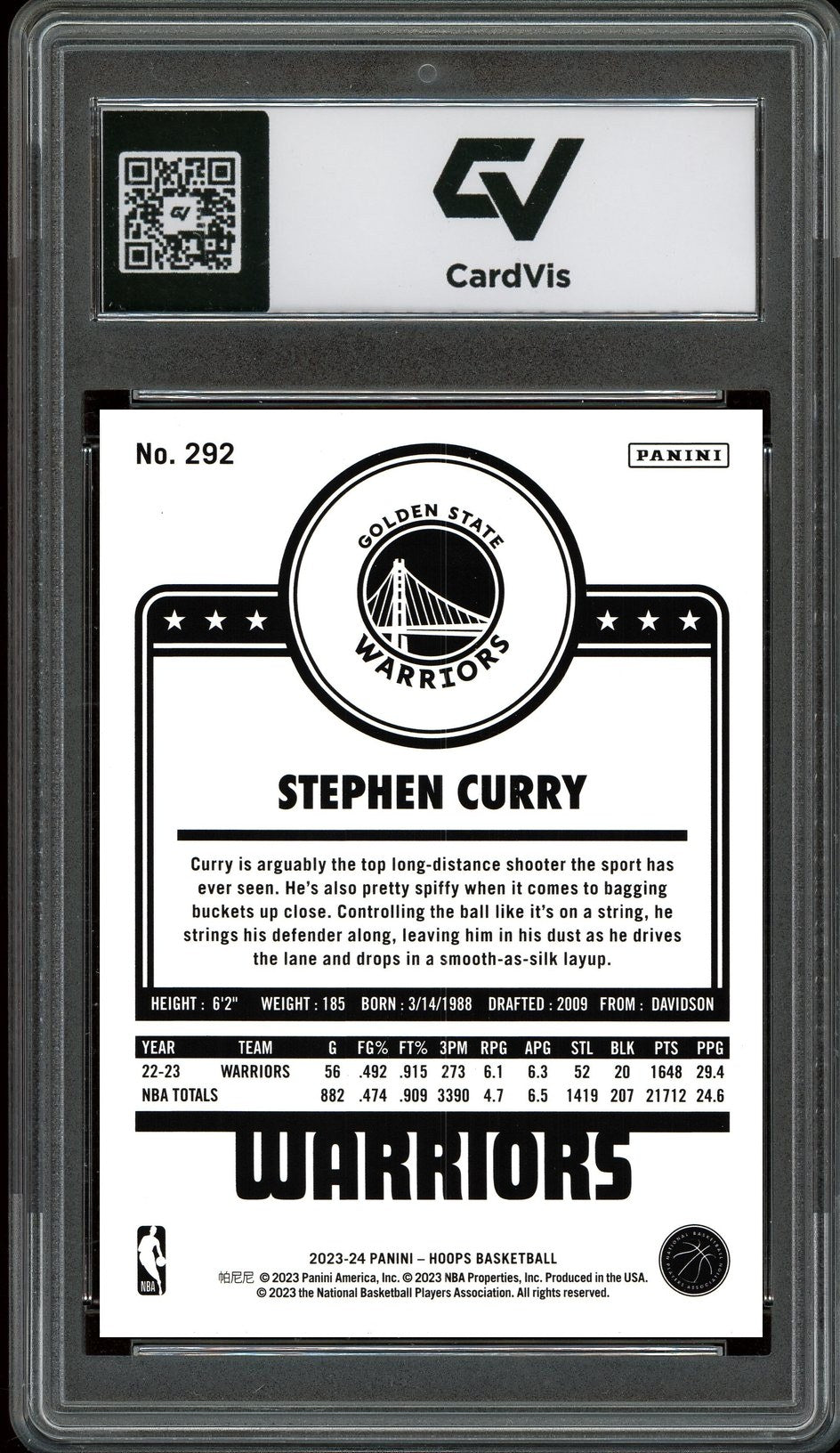 2023 Panini Hoops #292 Stephen Curry Graded 10 Gem Mint - Back