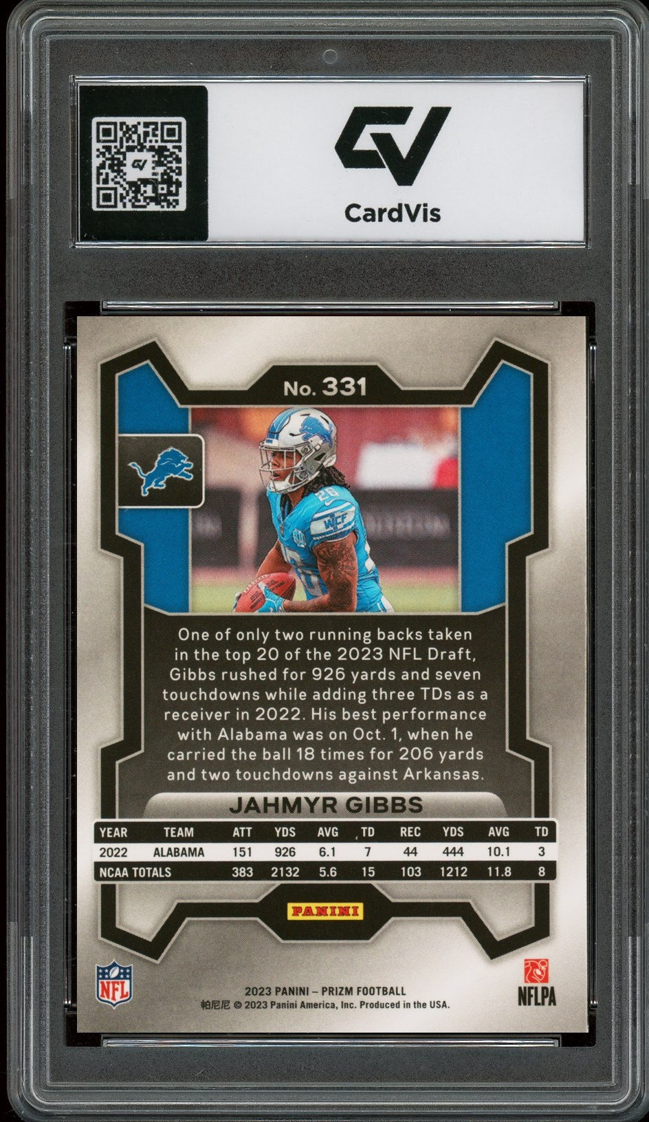 2023 Panini Prizm #331 Jahmyr Gibbs Rookie Card RC Graded 10 Gem Mint - Back