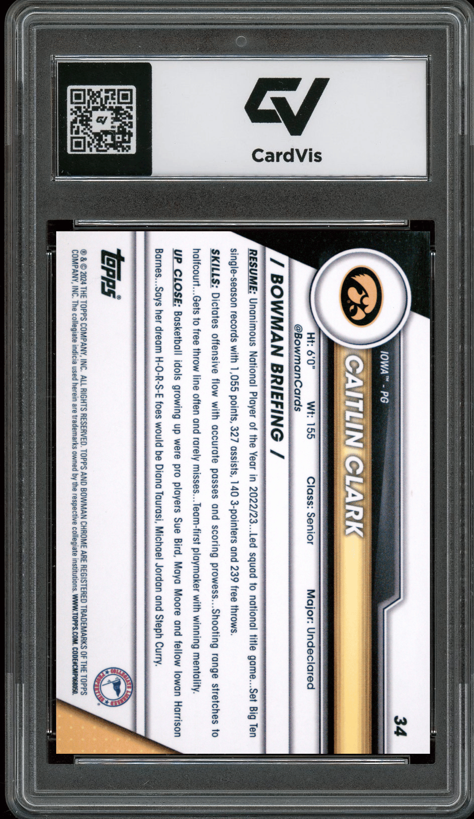 2023 Bowman University Chrome #34 Caitlin Clark Graded 10 Gem Mint - Back