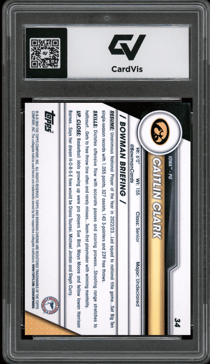 2023 Bowman University Chrome #34 Caitlin Clark Graded 10 Gem Mint - Back