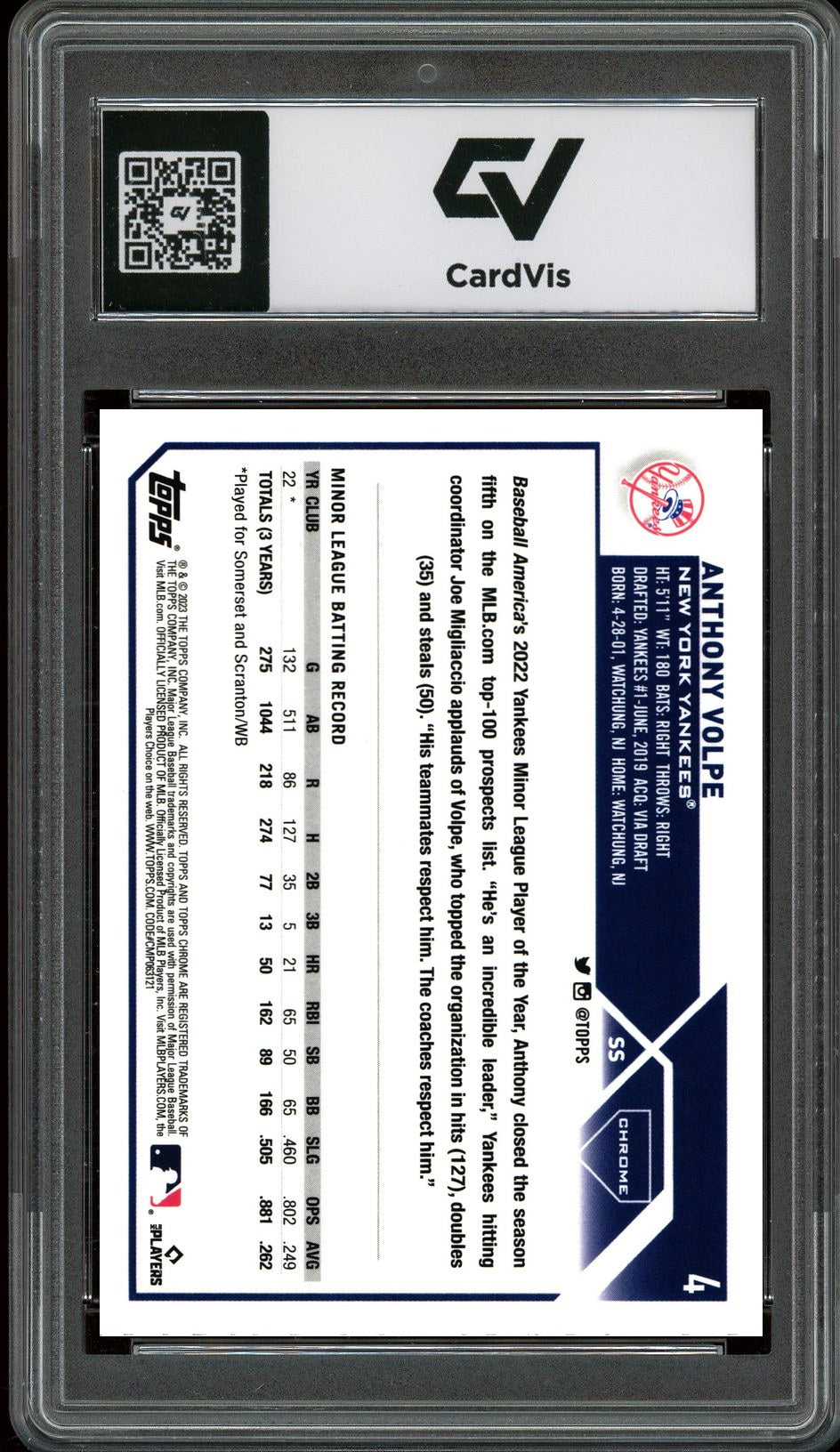 2023 Topps Chrome #4 Anthony Volpe Graded 10 Gem Mint - Back