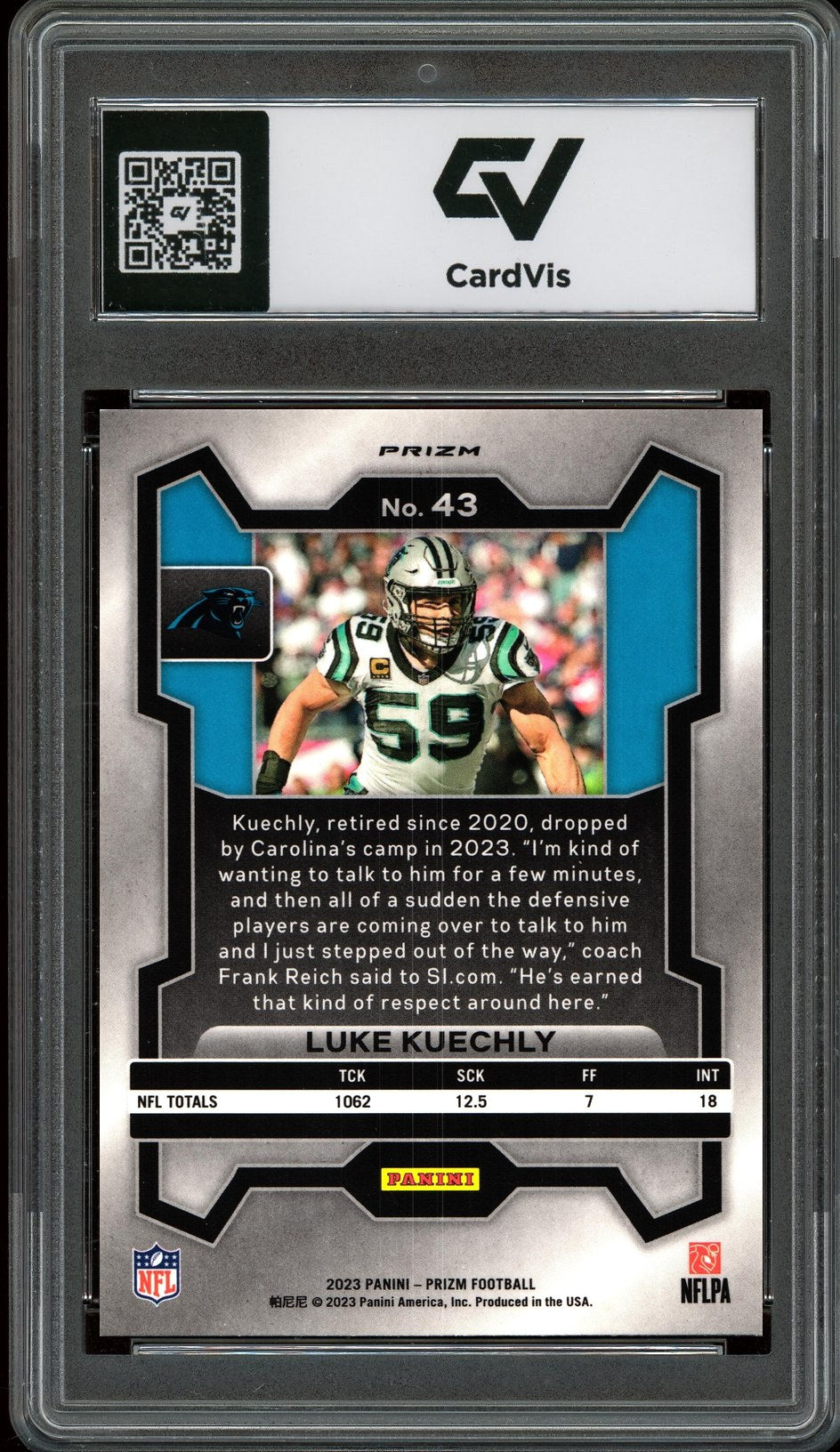 2023 Panini Prizm #43 Luke Kuechly Checkerboard Prizm Graded 10 Gem Mint - Back